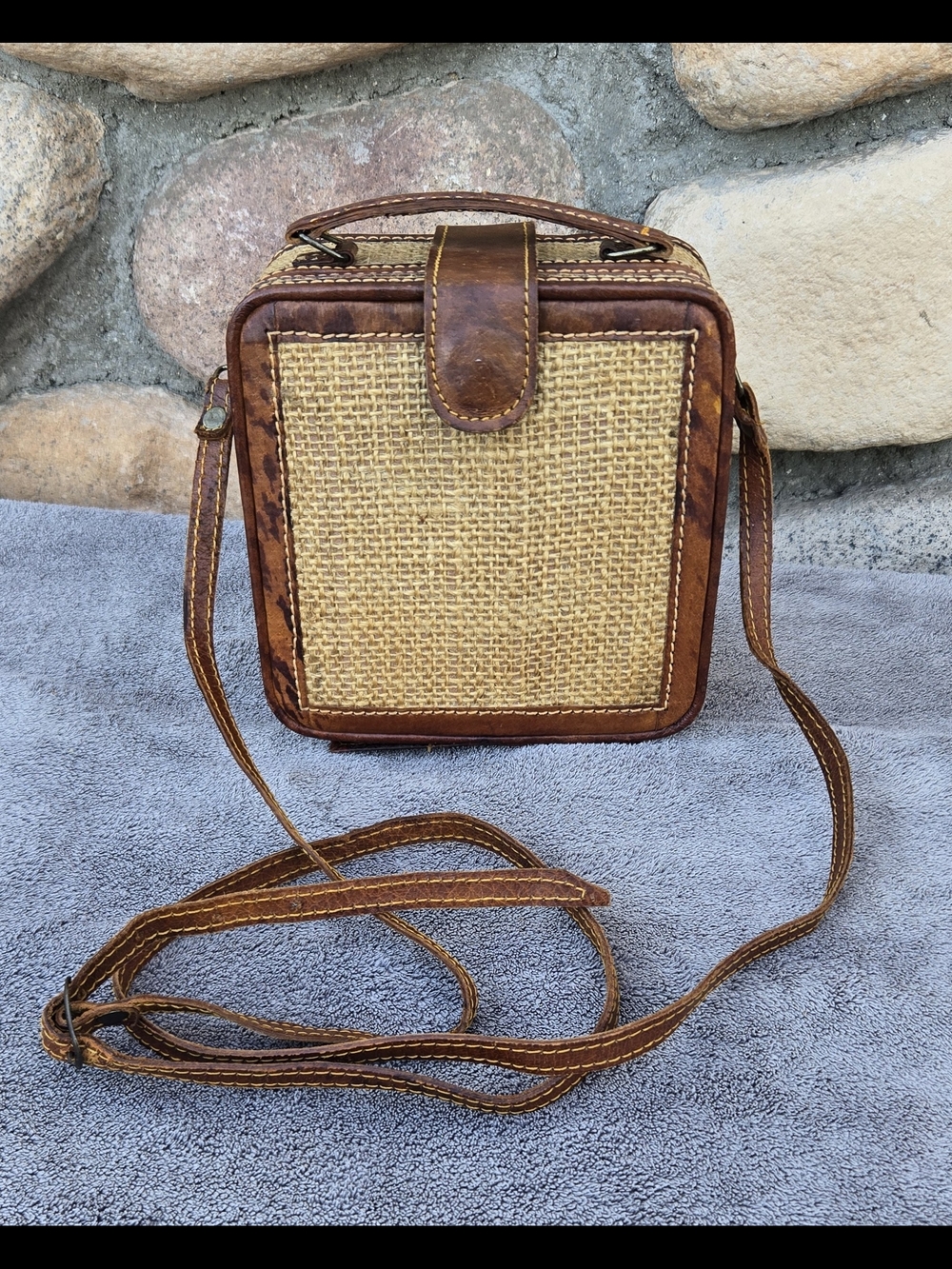 Vintage Leather & Woven Sisal/Jute Square Crossbody Bag – Mini Box Purse Boho.